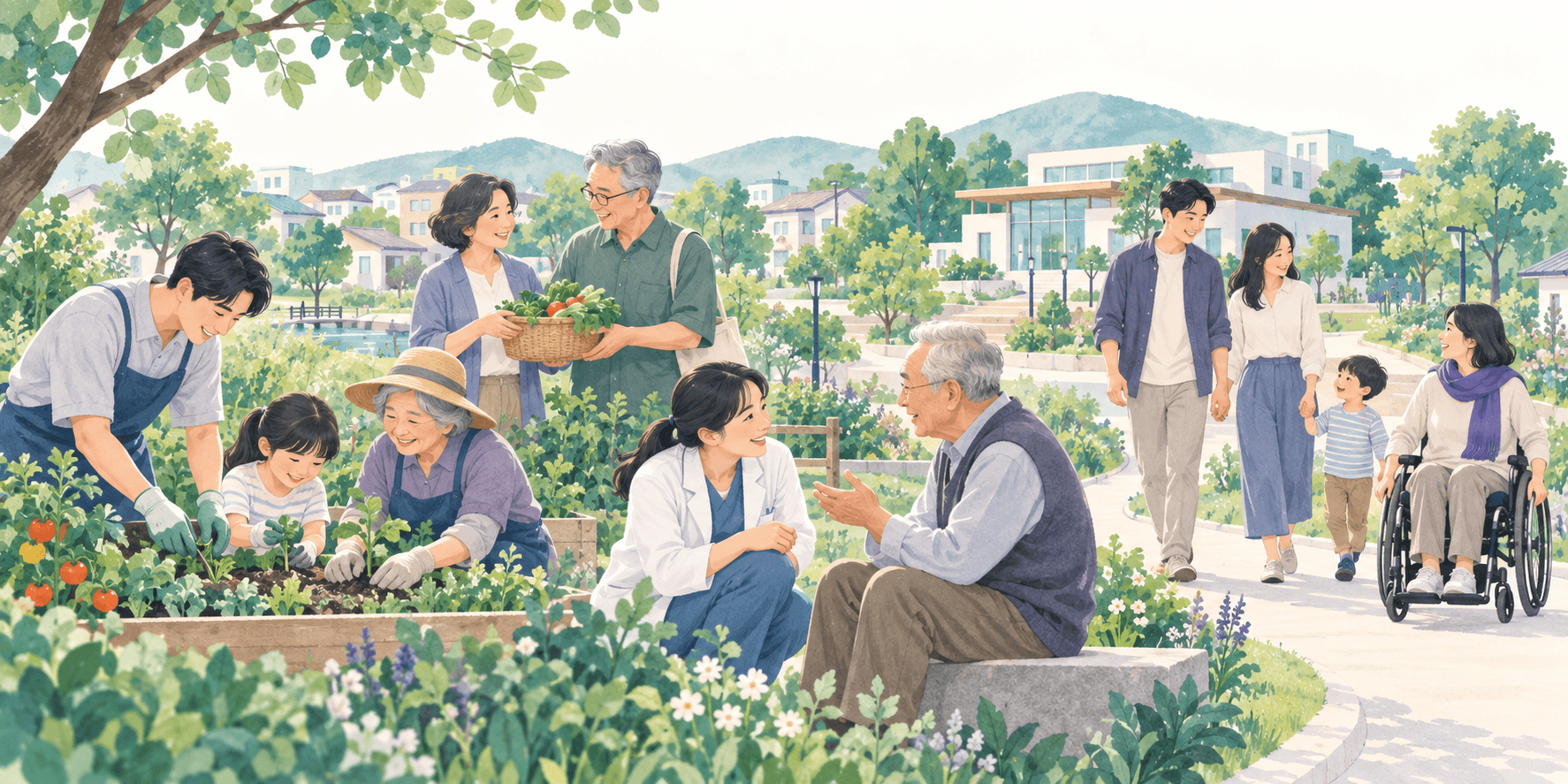 함께 텃밭을 가꾸고 수확물을 나누는 이웃, 눈높이를 맞춰 대화하는 의료인과 어르신, 함께 산책하는 주민들이 어우러진 건강한 지역공동체 일러스트